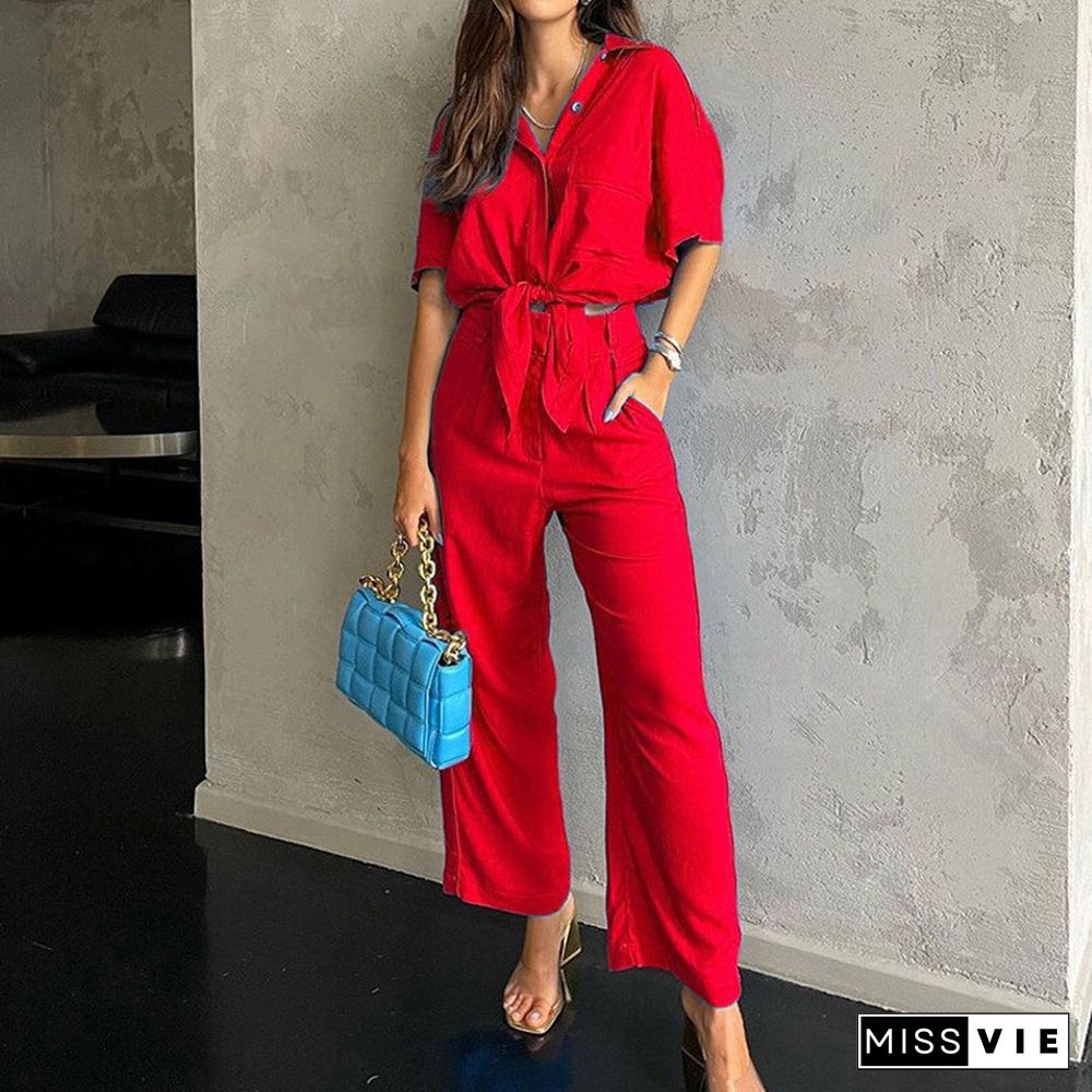 Fashion Half Sleeve Buttoned Tops +Pockets Straight Long Pants Suit Elegant Casual Solid 2pc Set Office Lapel Loose Shirt Outfit