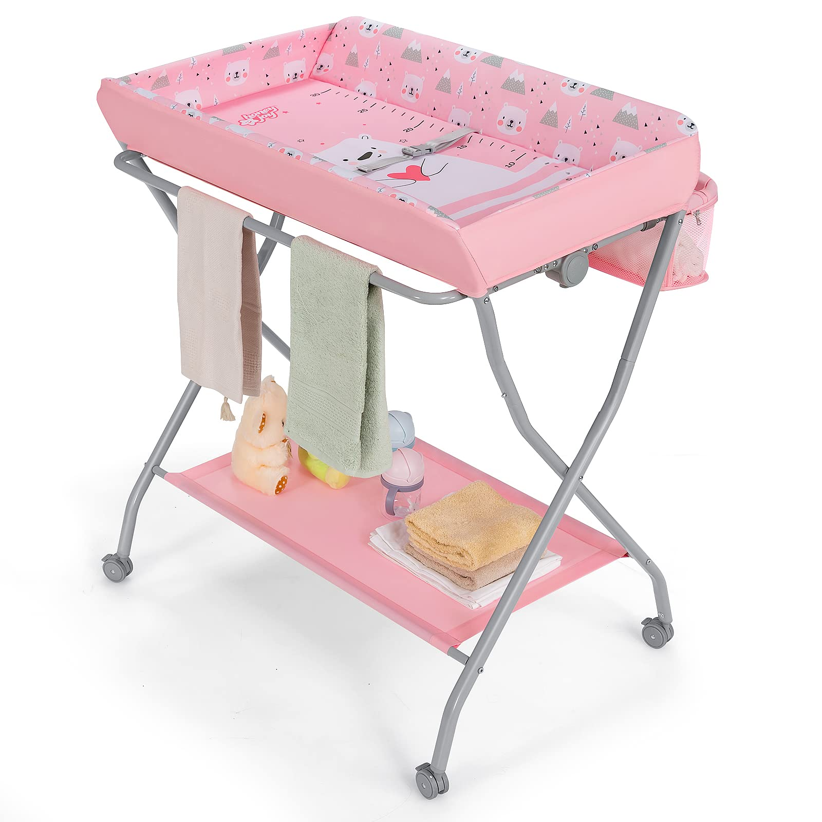 Costzon Portable Changing Table, Mobile Baby Changing Table with Wheels, Safety Belt, Large Storage Basket