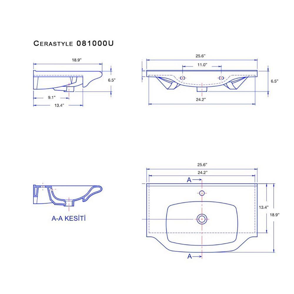 Nameeks Yeni Klasik Wall Mounted Vessel Bathroom Sink in White with 3 Faucet Holes CeraStyle 081000-U-Three Hole