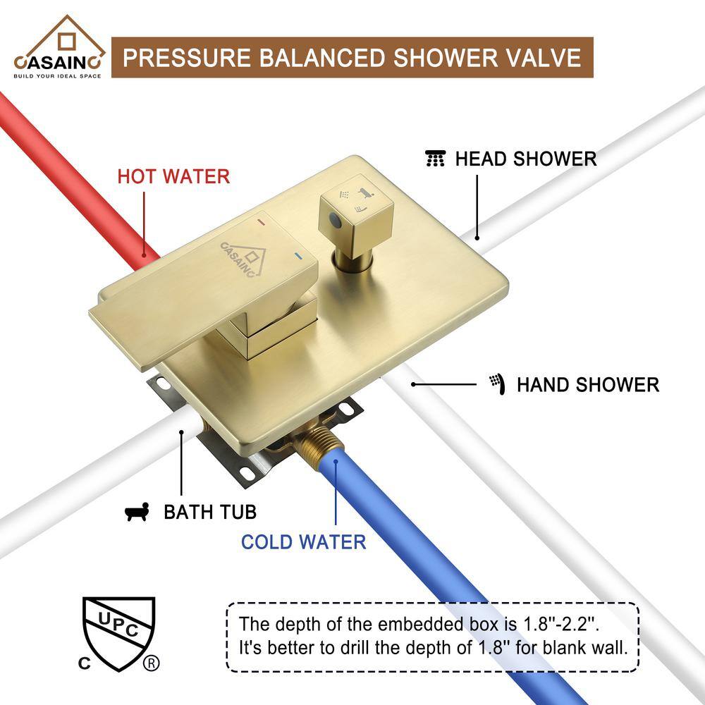 CASAINC Single-Handle 1-Spray Patterns 12 in. Ceiling Mount Tub and Shower Faucet in Brushed Gold (Valve Included) CS3623-12BG