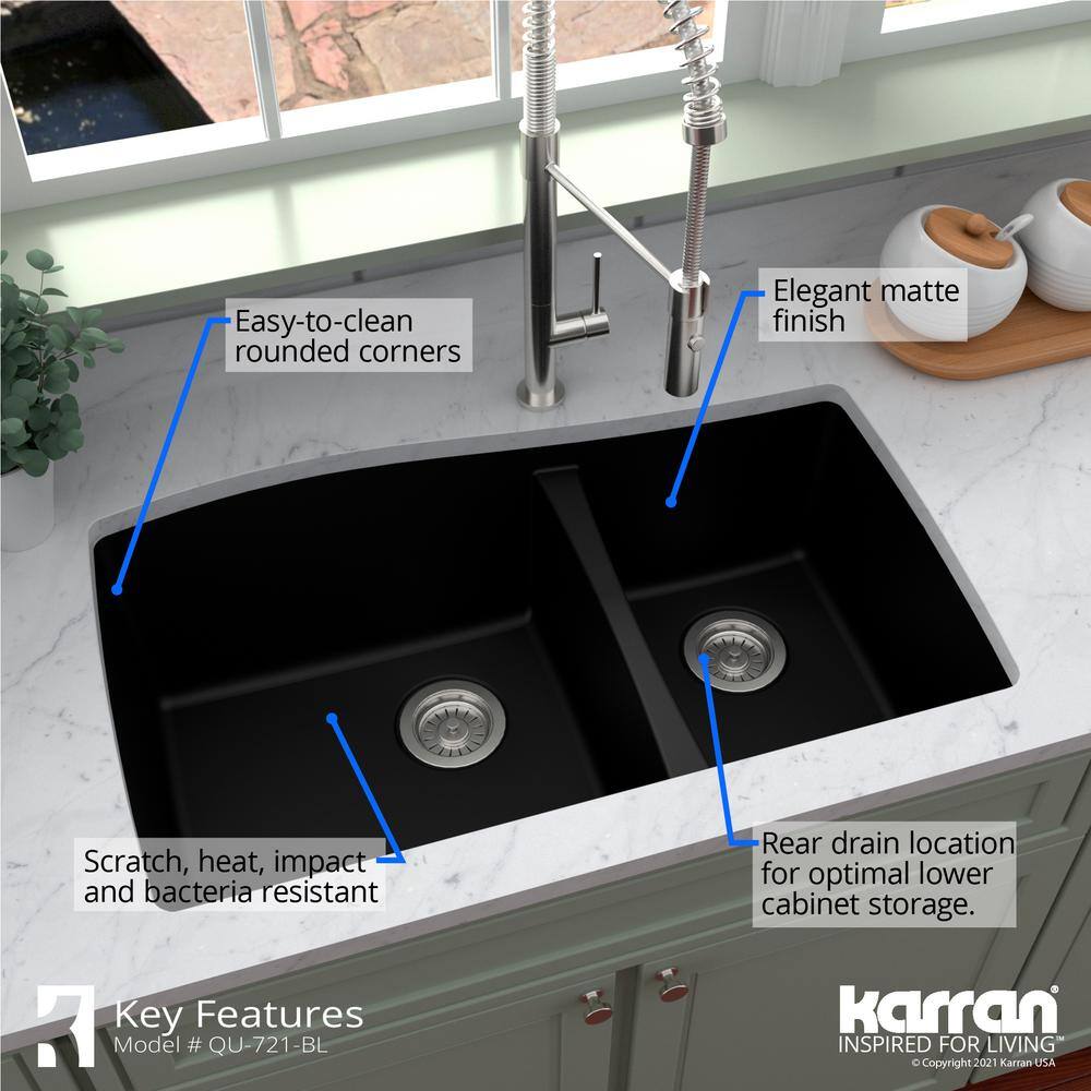 Karran Undermount Quartz Composite 33 in. 6040 Double Bowl Kitchen Sink in Black QU-721-BL