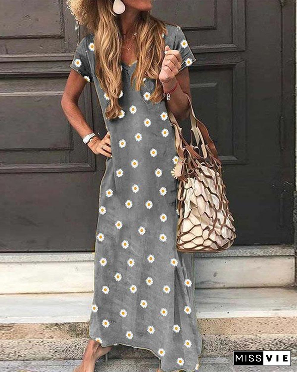 V Neck Casual Short Sleeve Flower Print Maxi Dresses