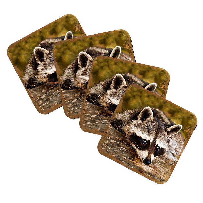 Raccoon Wooden Cork Coasters Gift Set of 4 by Nature Wonders