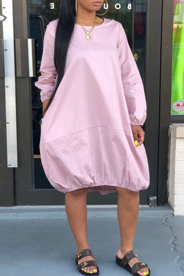 Casual Loose Solid Color Pocket Midi Dress