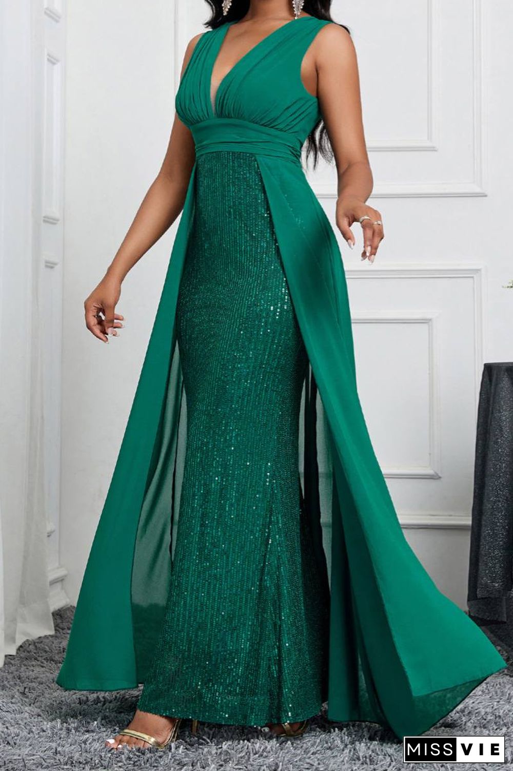 Sexy Formal Patchwork Sequins V Neck Long Dresses