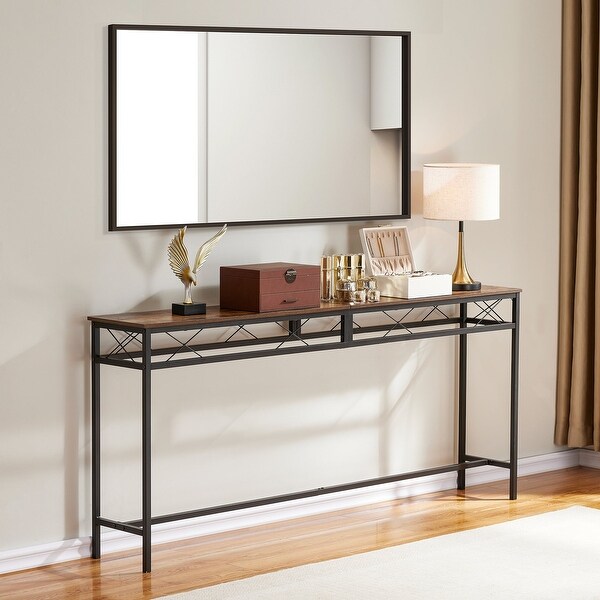 VECELO Industrial Rectangular Wood Console Table with AC Power and USB Charging Ports