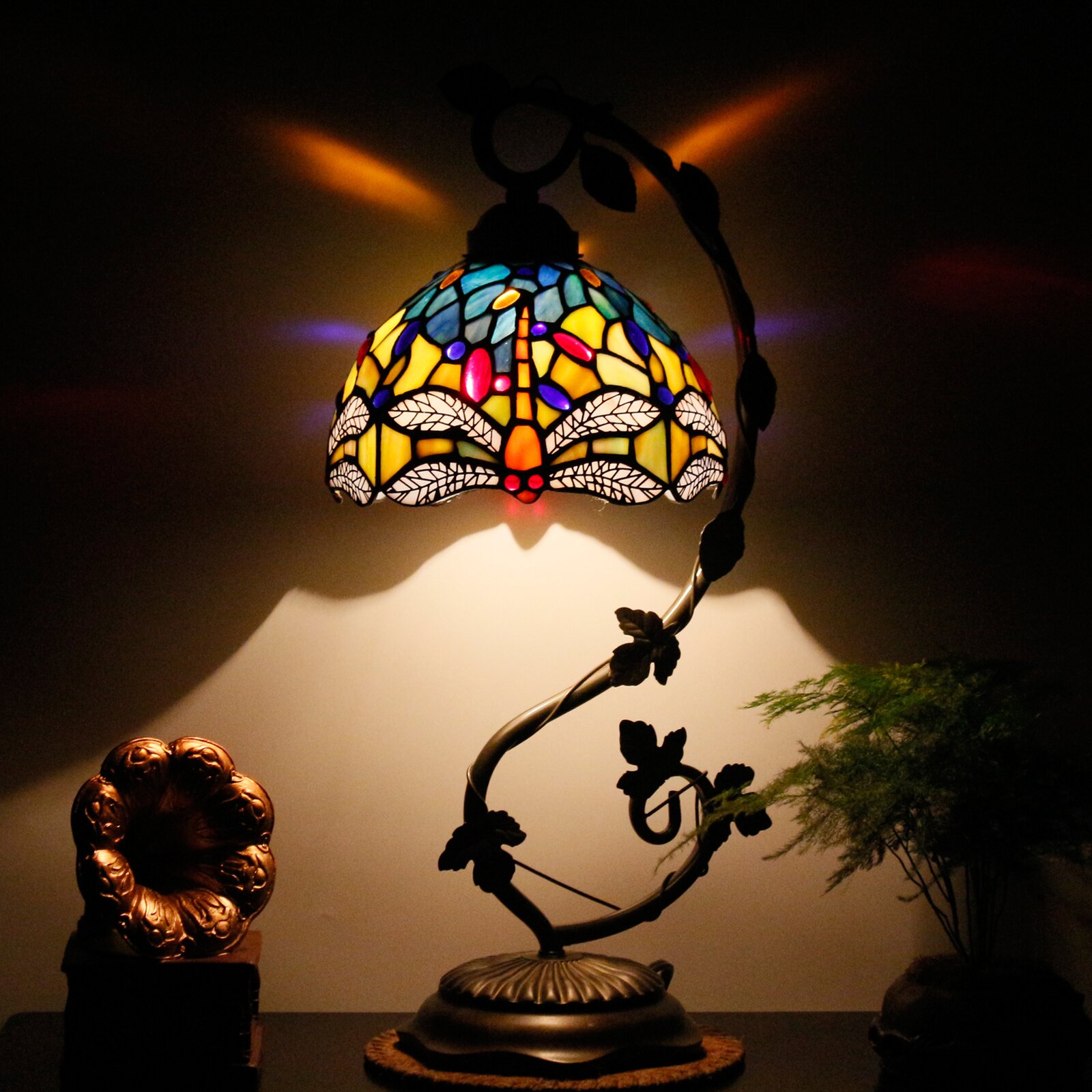  Desk Lamp Stained Glass Table Reading Banker Light Crystal Bead Blue Yellow Dragonfly Style Shade W8H20 Inch S128 World Menagerie LAMPS Parent Lover Kid Living Room Bedroom Coffee Bar Crafts Gift