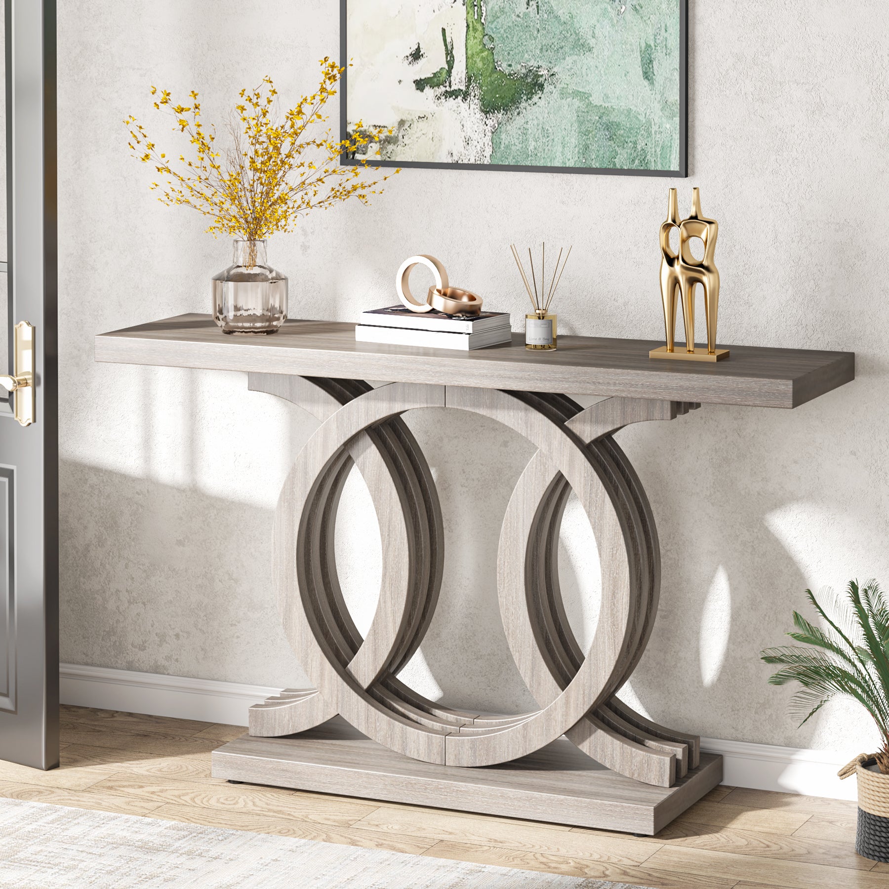 Farmhouse Console Table, 55 Hallway Sofa Table With Geometric Base