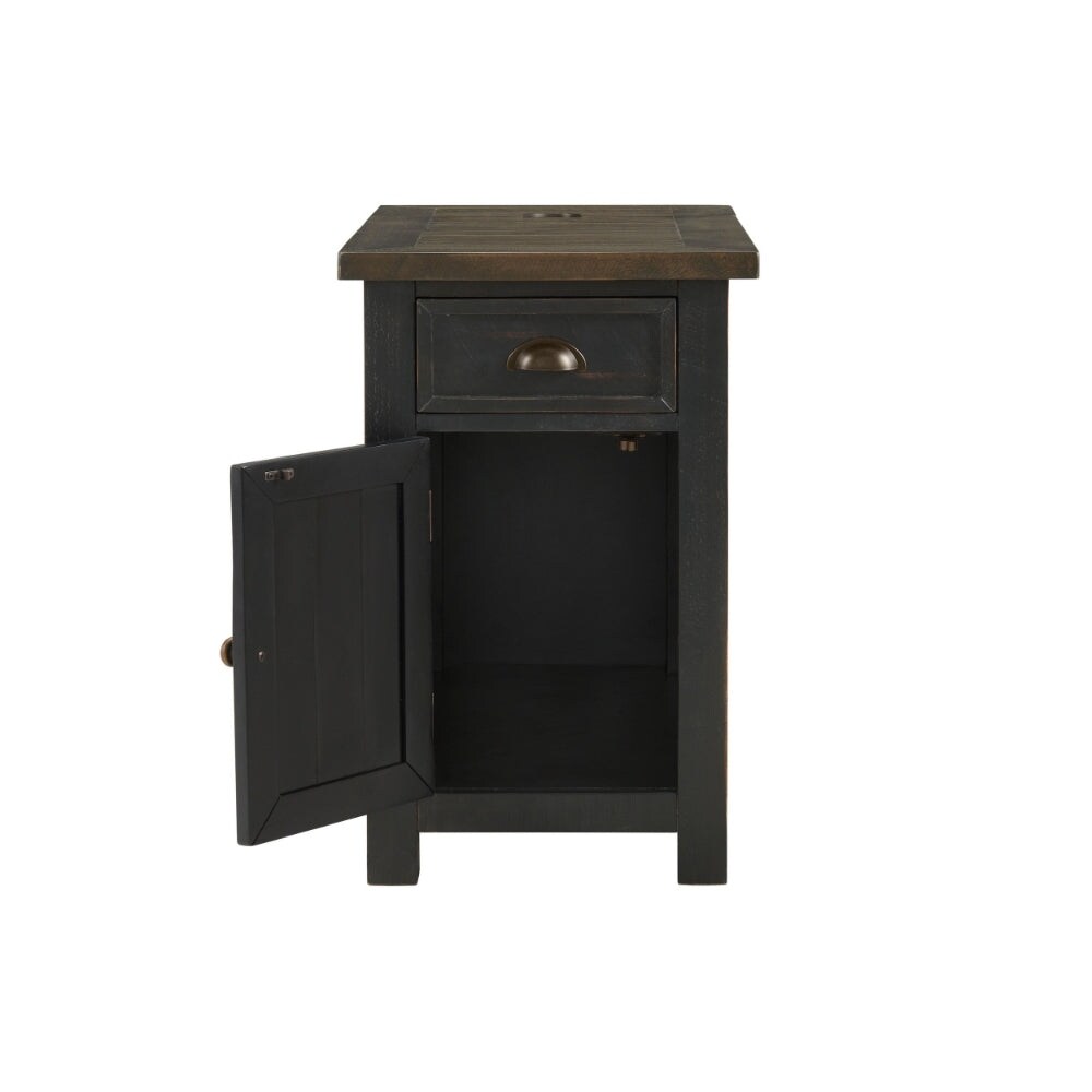 Fiya 25 Inch Chairside End Table Cabinet  Drawer  USB Ports  Black  Brown   24L x 16W x 25H  in inches