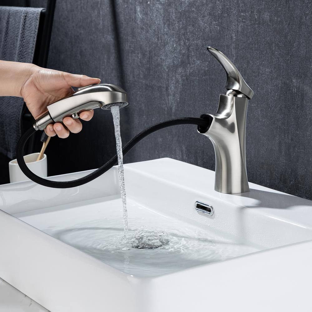 RAINLEX Single-Handle Single-Hole Pull Out Sprayer Bathroom Faucet with Deckplate and Supply Lines Included in Brushed Nickel RX5701BN