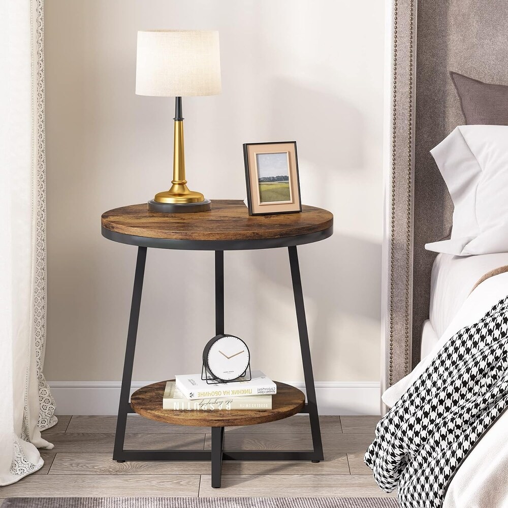 2 Tier Industrial Round Side End Table with Storage Living Room