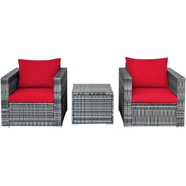 Gymax 3PCS Rattan Patio Conversation Furniture Set Outdoor Yard w/ Red