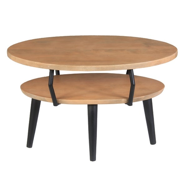 Mango Wood Oval Coffee Table with Open Shelf， Oak Brown and Black