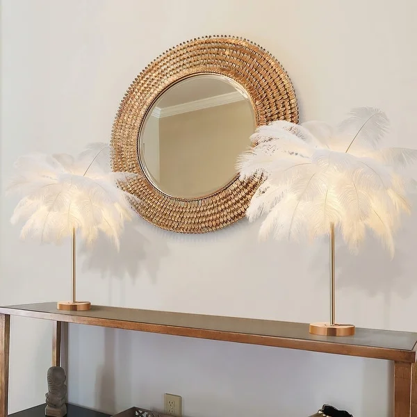 Gold and White Feather Tripod Table Lamp With Bulb