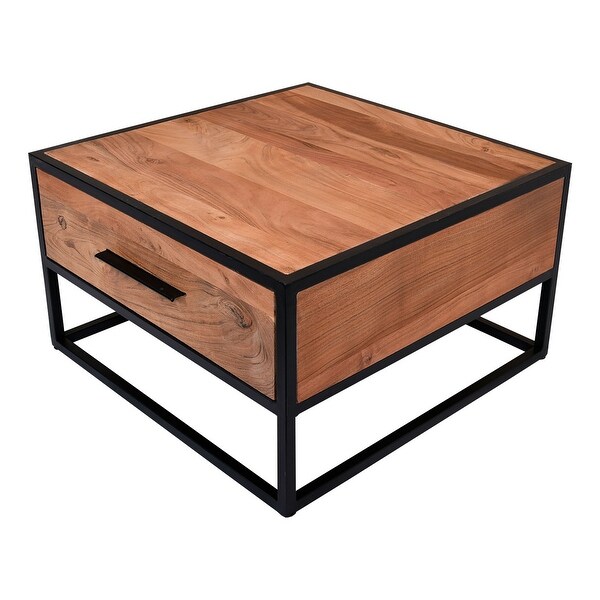 26 Inch Handcrafted Acacia Wood Accent Side End Table， Metal Frame， 1 Drawer， Black and Brown