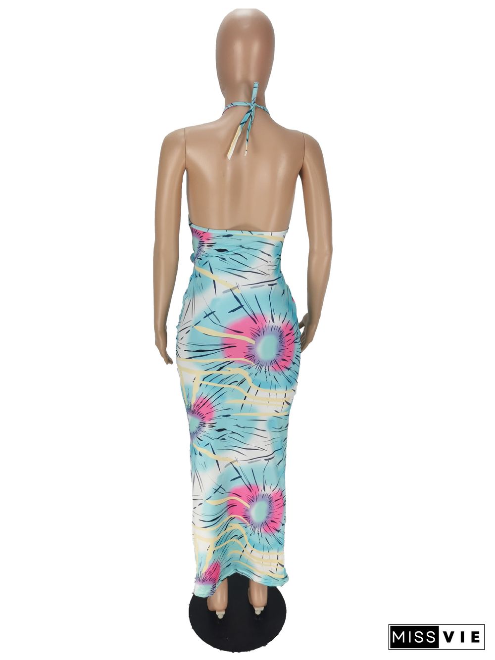 Cut Out Print Halter Backless Skinny Maxi Dresses