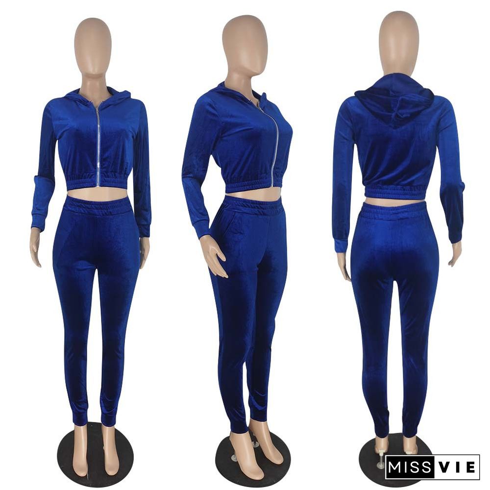 Zip Hooded Jackets and Pants Velvet Two Piece Set