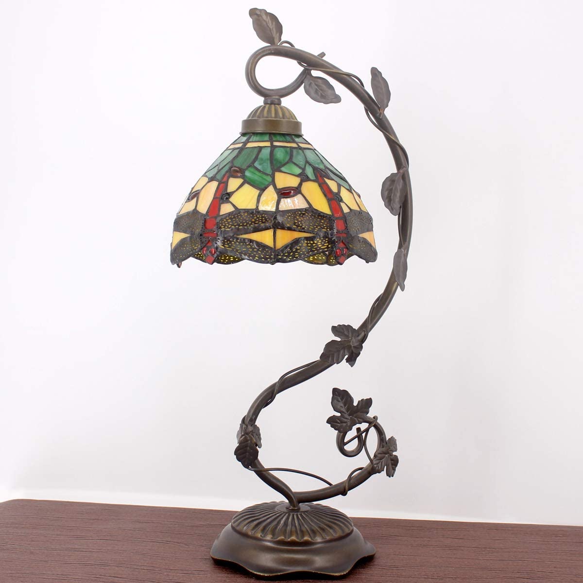 SHADY Tiffany Lamp Green Yellow Stained Glass Dragonfly Style Table Lamp Metal Leaf Base 8X10X21 Inches Desk Light Decor Small Space Bedroom Home Office S009G Series