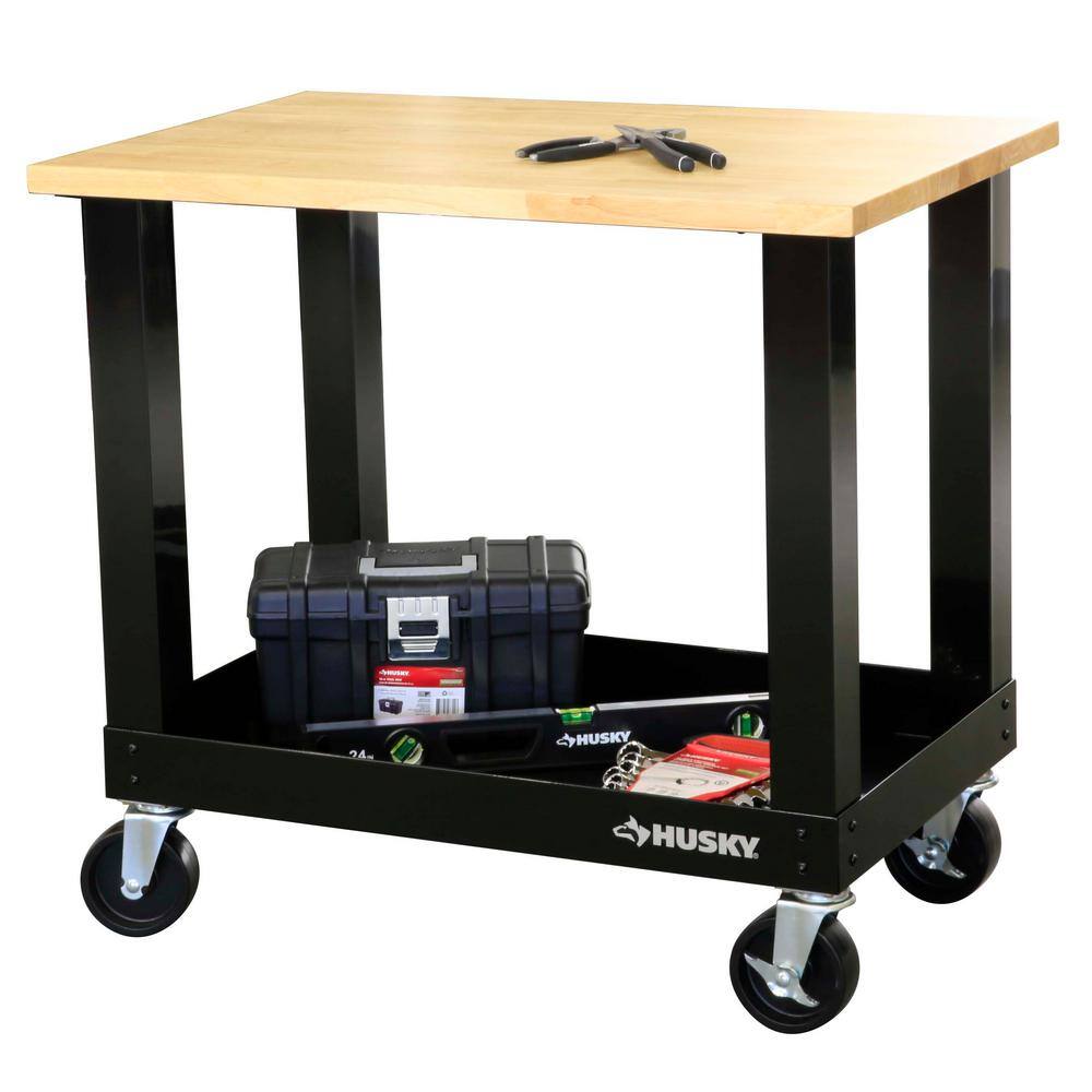 Husky Ready-To-Assemble 3 ft. Portable Solid Wood Top Workbench with Casters in Black G3600S-US