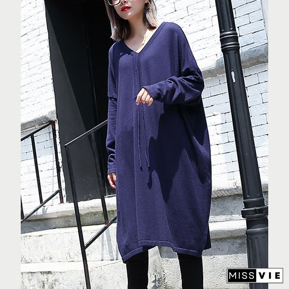 women blue plus size casual baggy dresses V neck drawstring cotton blended dress