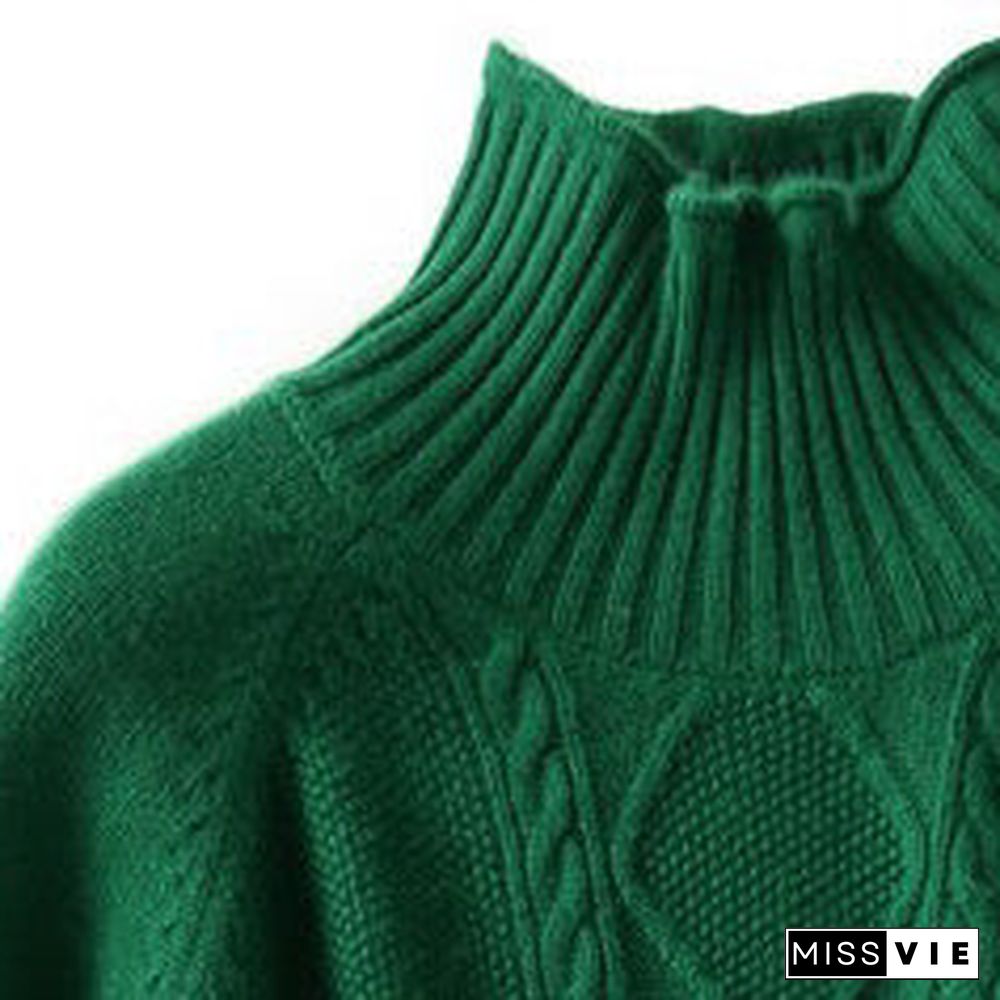 Vintage Green Clothes High Neck Spring Knitted Blouse