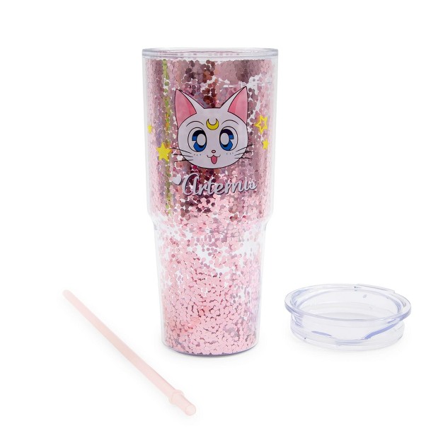 Just Funky Sailor Moon Luna And Artemis Glitter Tumbler With Lid And Straw Hold 31 Ounces