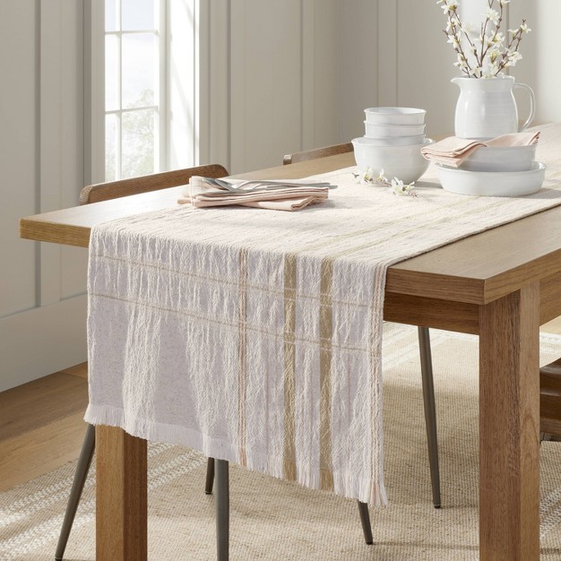 Offset Plaid Woven Table Runner Light Tan blush With Magnolia