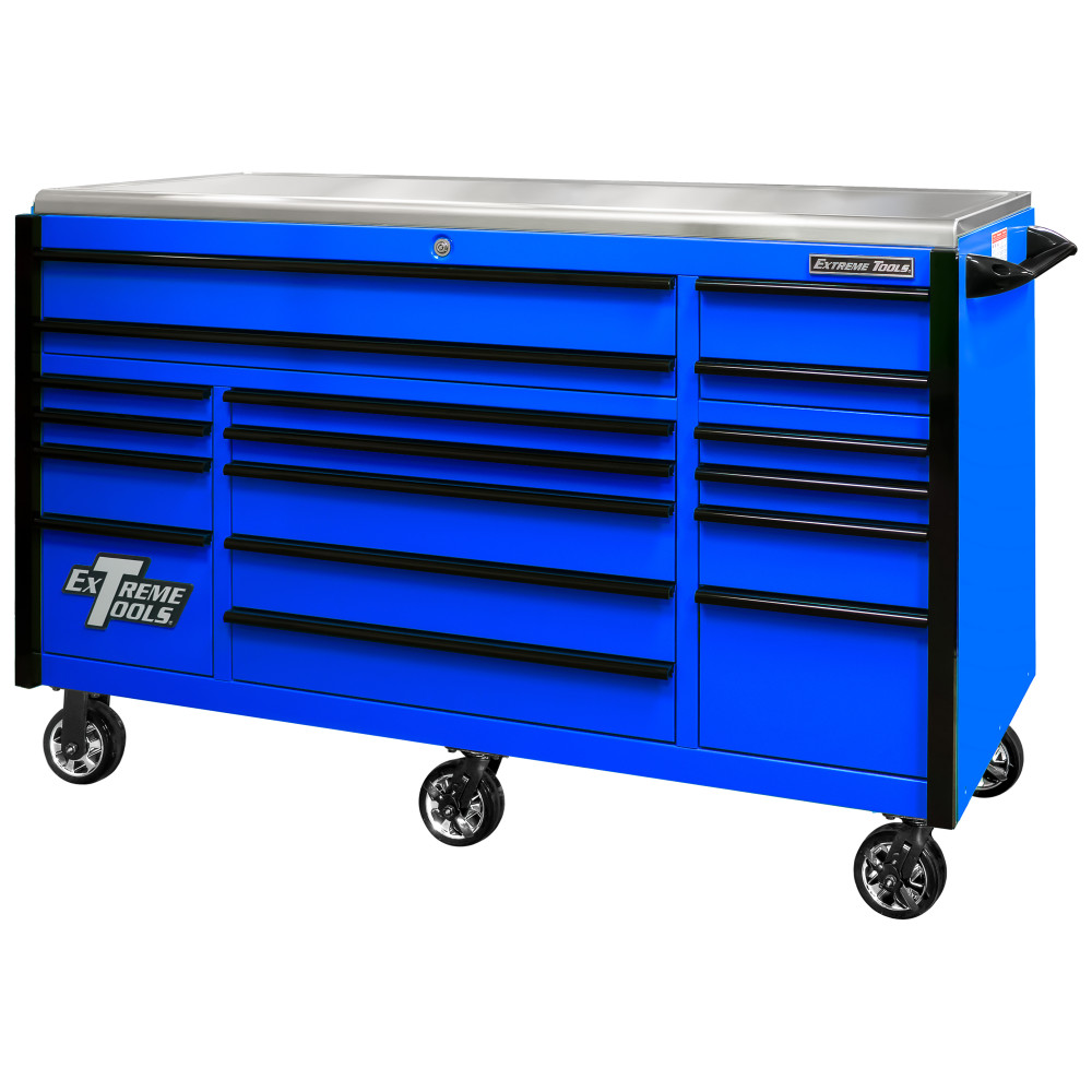 Extreme Tools 72 Blue Roller Cabinet with Black Drawer Pulls