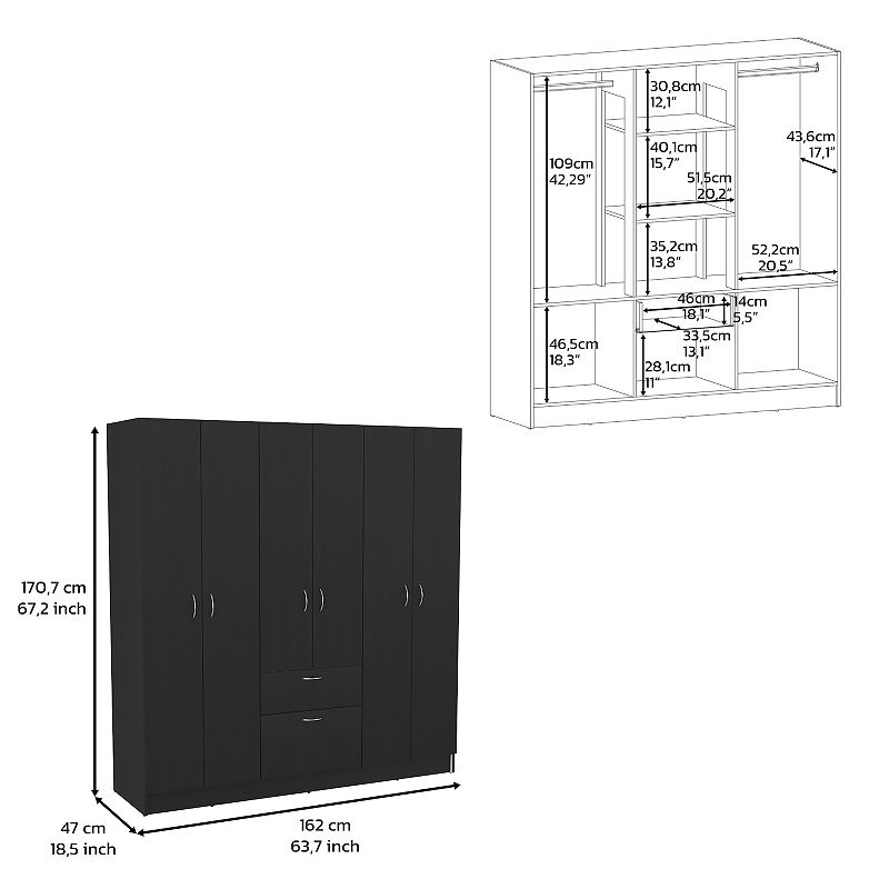 DEPOT E-SHOP Kibo 6 Doors Armoire， One Drawer， Rod， Seven Interior Shelves， Black / White