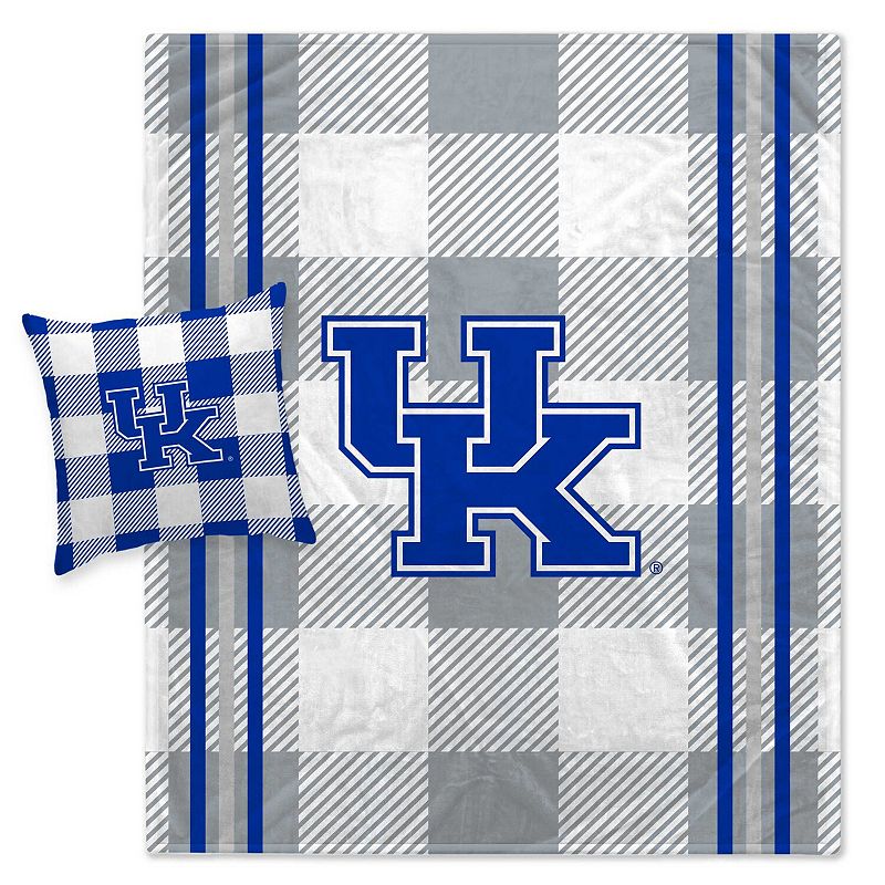 Pegasus Kentucky Wildcats Gray Plaid Stripes Blanket and Pillow Combo Set