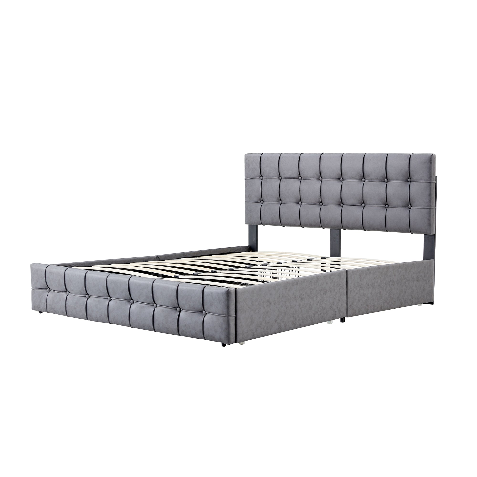 HSUNNS Modern Fabric Upholstered King Size Bed Frame with 4 Drawers, Storage Bed with Height Adjustable Headboard, Bedroom Furniture Metal Frame with Strong Wood Slats Support, Gray