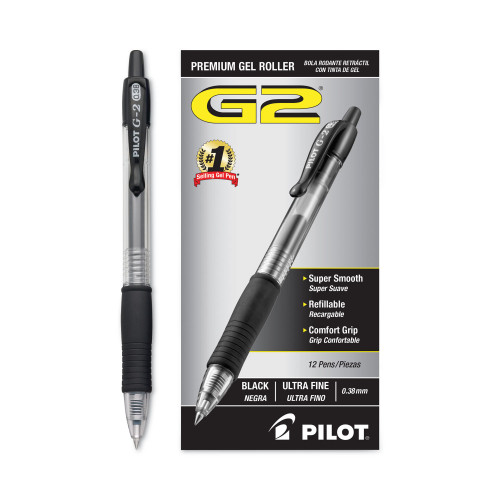 Pilot G2 Premium Retractable Gel Pen， 0.38mm， Black Ink， Clear/Black Barrel， Dozen (31277)