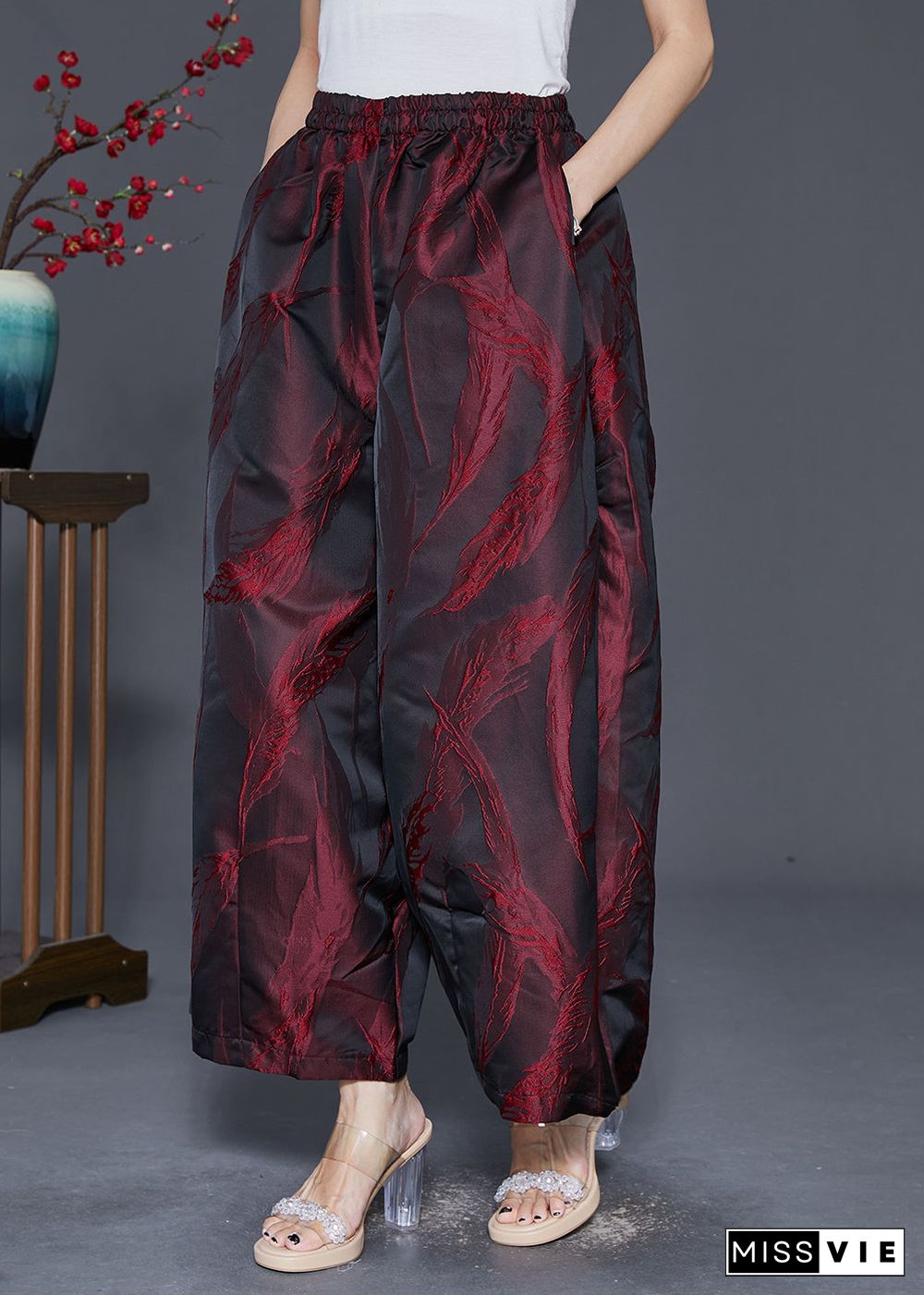 Organic Mulberry Feather Jacquard Pockets Silk Wide Leg Pants Fall