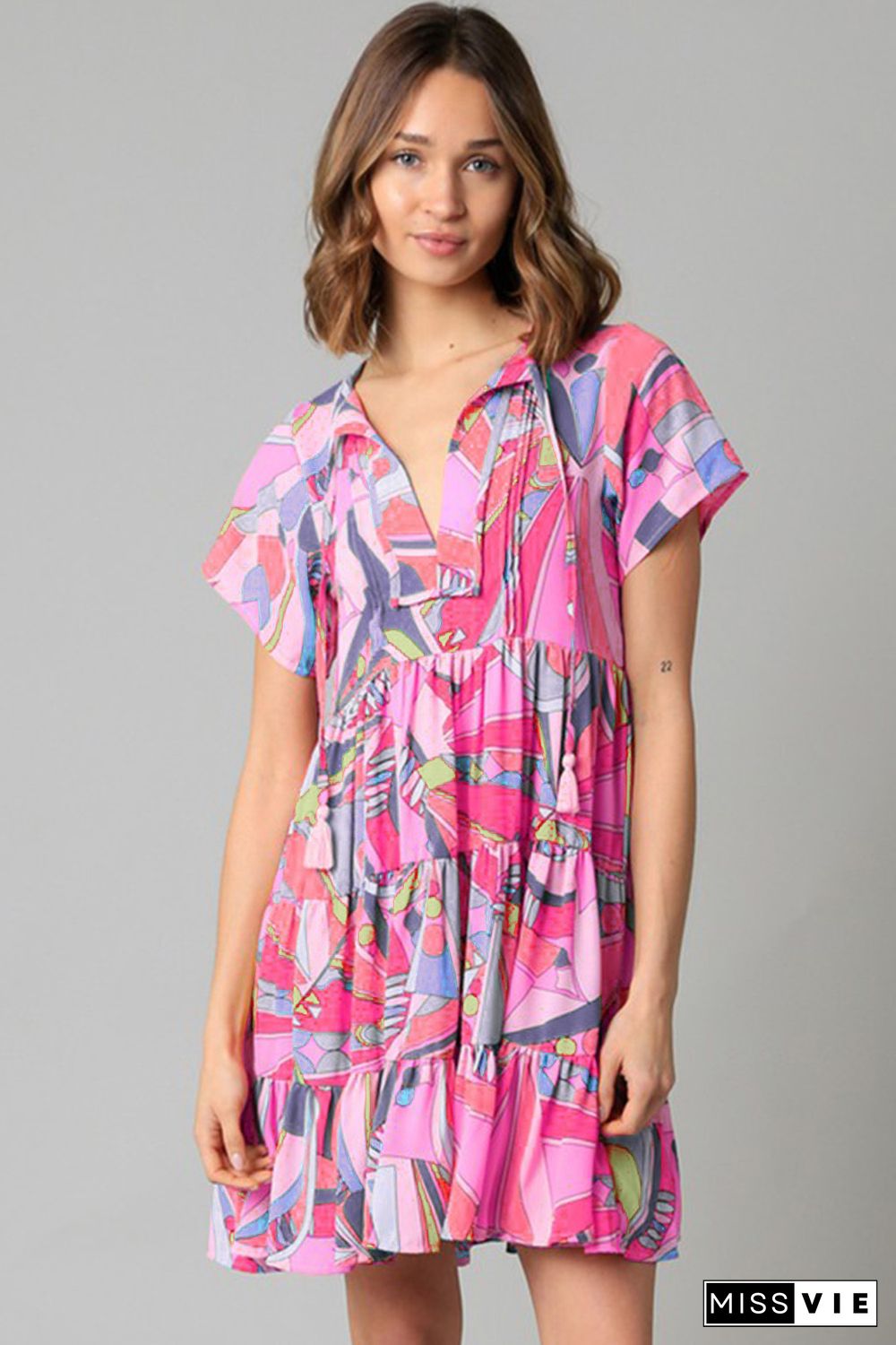 Pink Abstract Geometric Print Tassel Tie Flared Dress