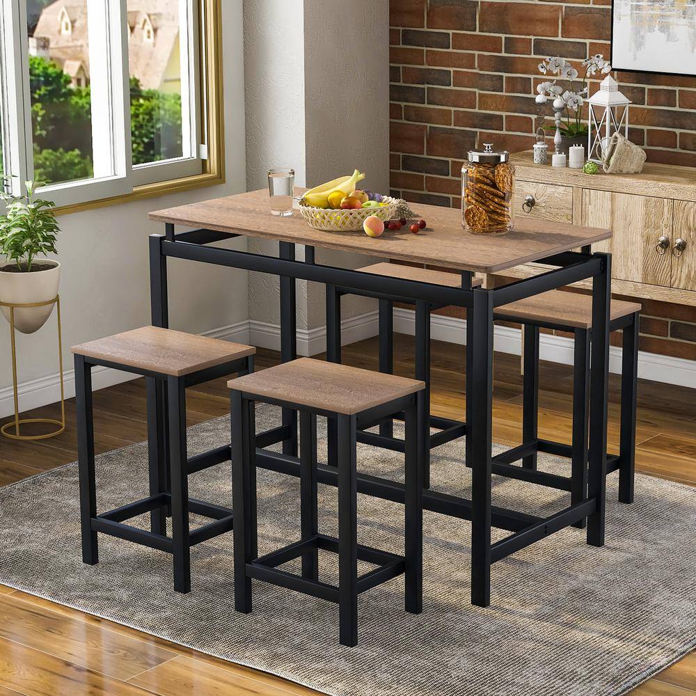 URTR 5-Piece Kitchen Counter Height Table Dining Set Wood Top and Metal Frame Bar Table with 4 Chairs Dark Brown T-01236-P