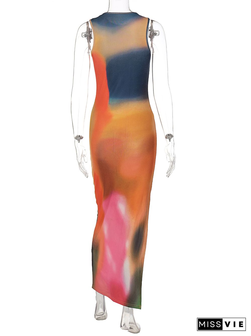 Hugcitar Tie Dye O Neck Sleeveless Backless Slit Maxi Dress Sexy Slim Summer Women Streetwear Party Club Outfits Y2K