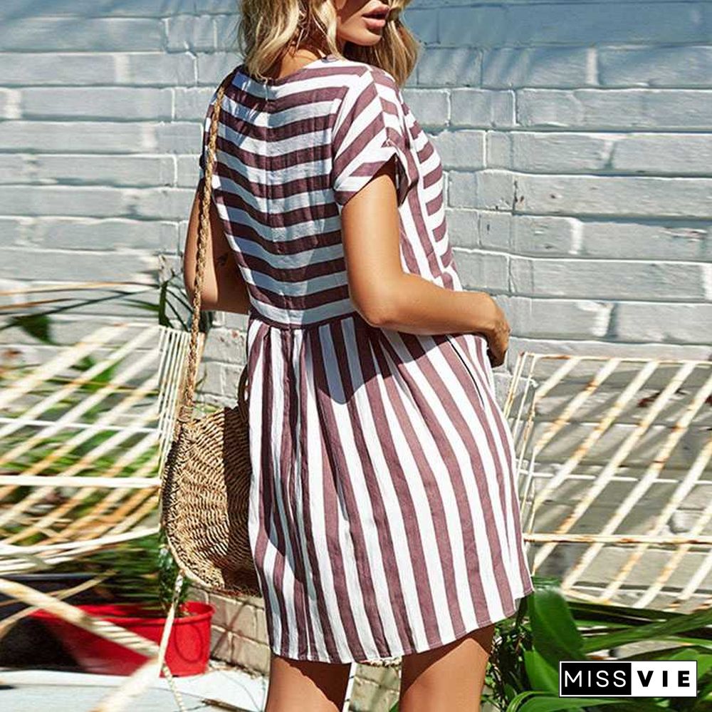 Slimming High Waisted Striped Short Sleeve Swing Dress