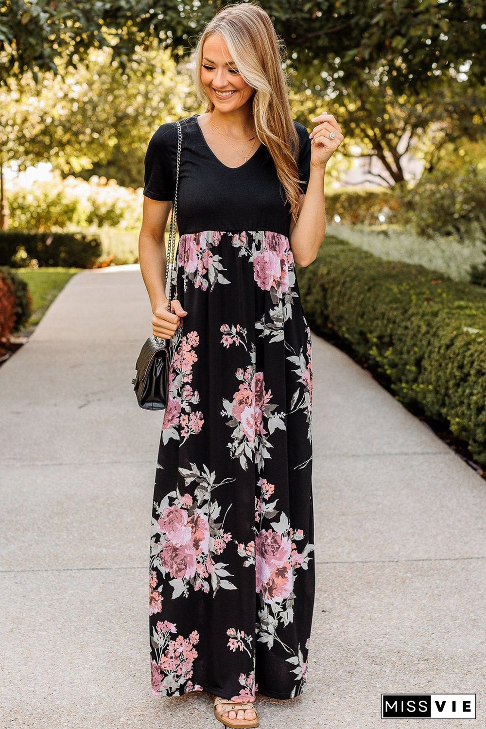 Black Contrast Floral Empire Waist Maxi Dress