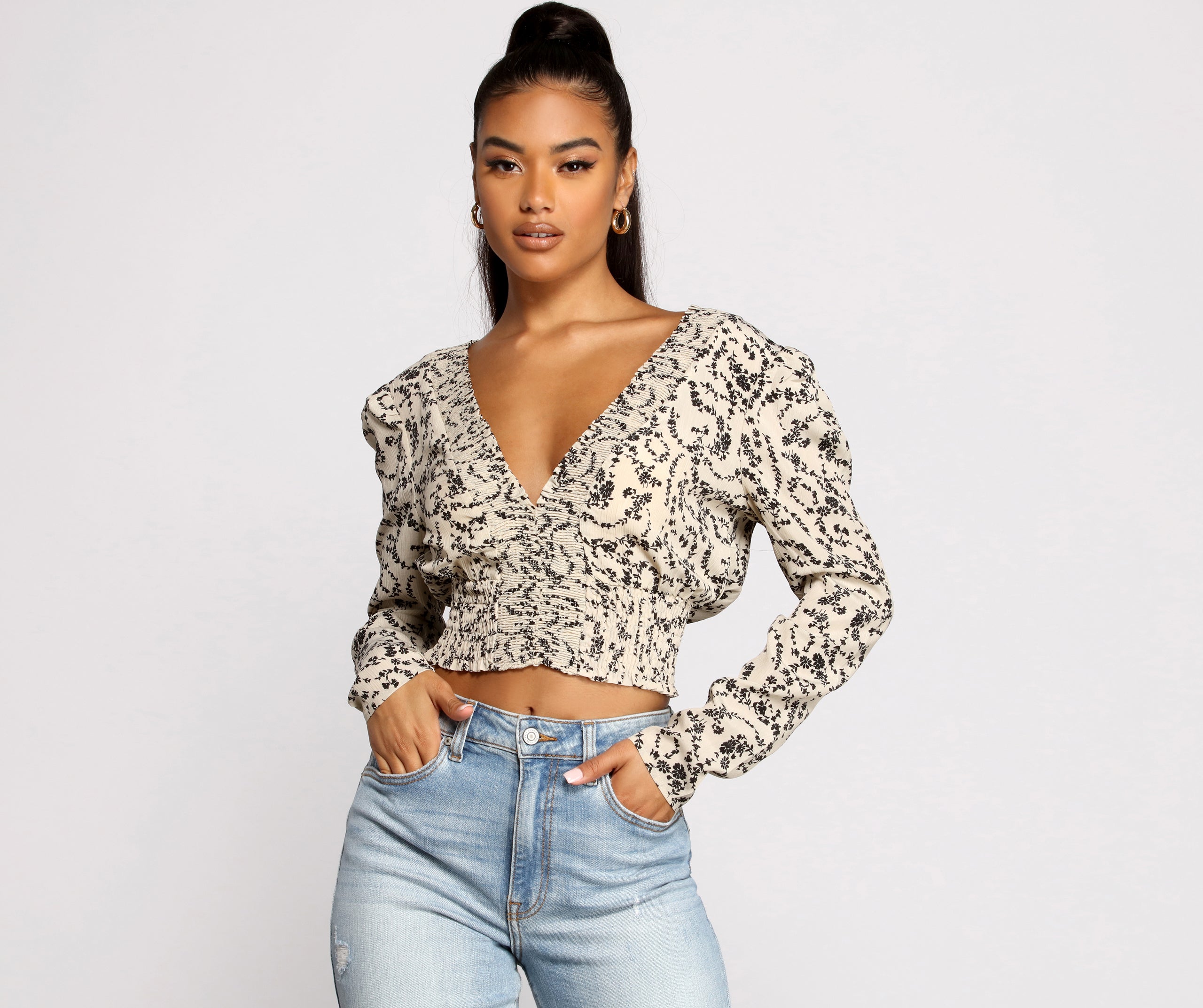 Sweet Intentions Smocked Knit Floral Crop Top