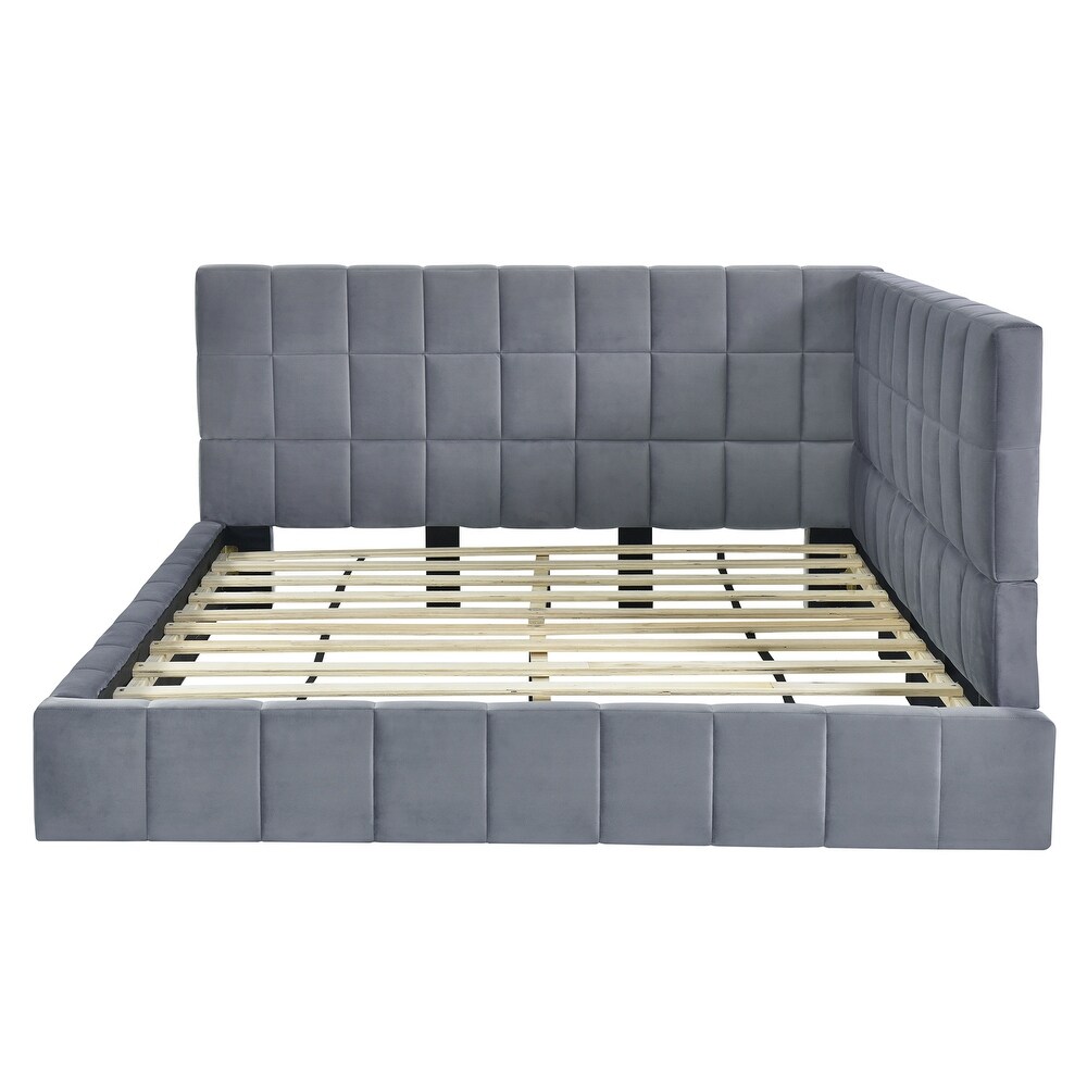 Full Size Upholstered Daybed with Backrest and 1 Unique Armrests  Mid Century Modern Sofa Bed Frame with Wood Slat Support