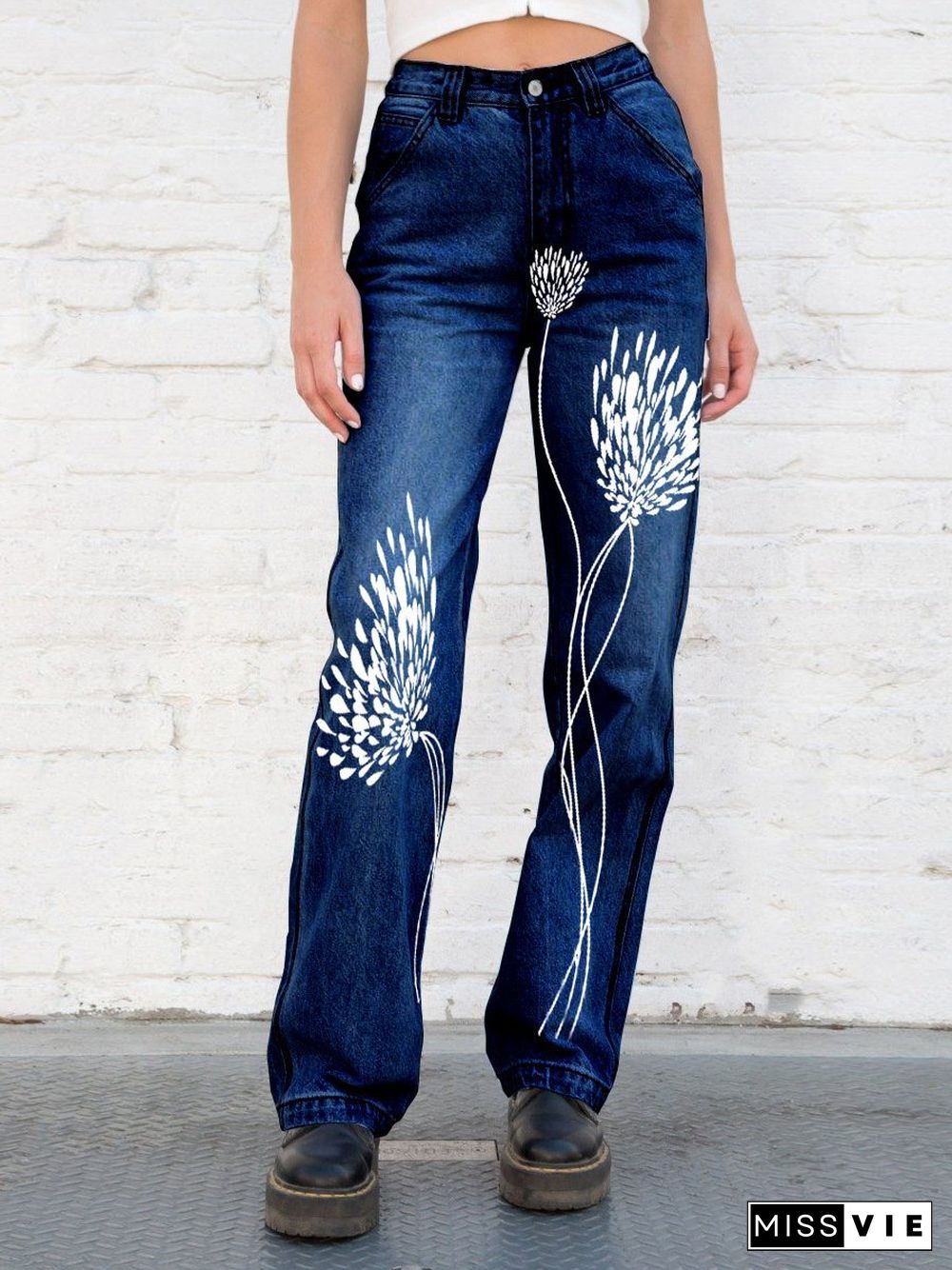 Retro Leisure Plants Print Jeans