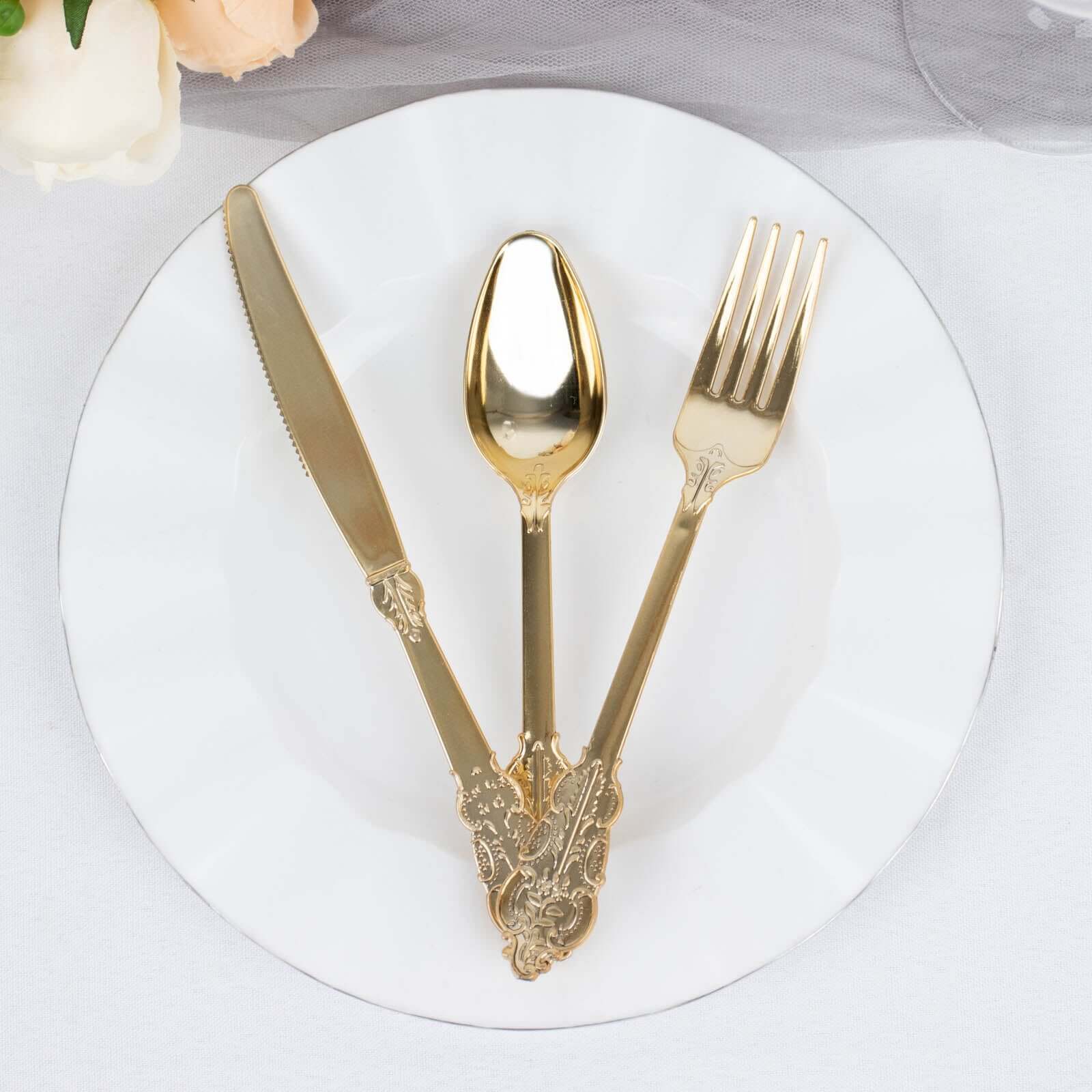 24 Pack Metallic Gold Baroque Style Heavy Duty Plastic Silverware Set