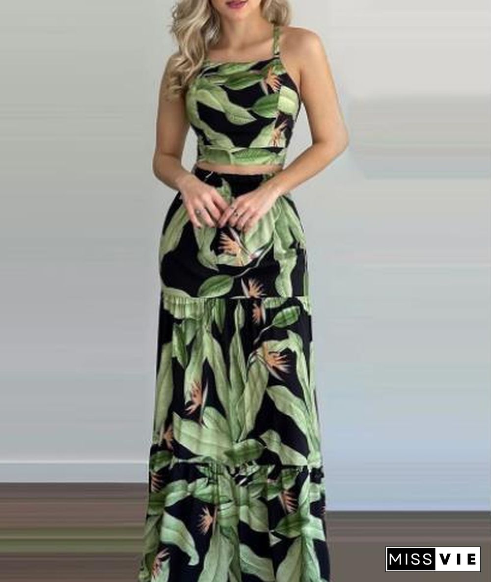 Sleeveless Green Plants Printed Casual Sexy Two Piece Dress