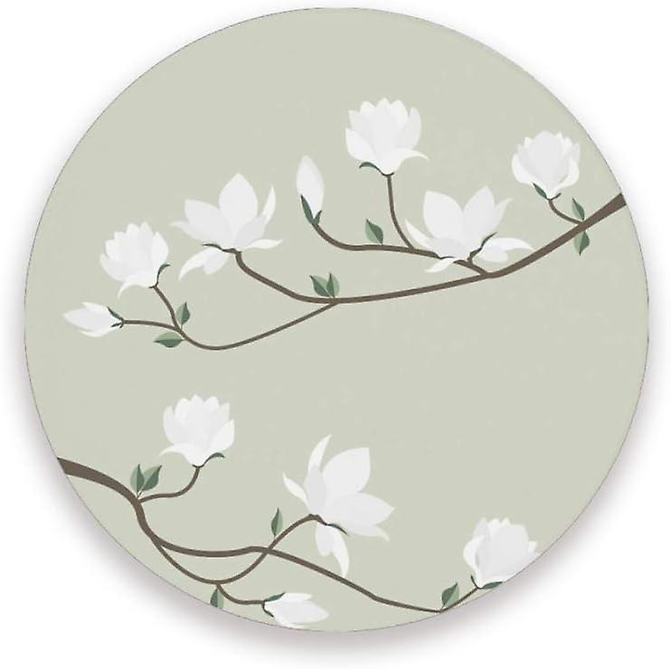 Printed Round Magnolia Flowers Branch Ceramic Coasters With Cork-backed For Coffee Drink Cup Mat Absorbent Stone Coaster Set Of 1/2/4