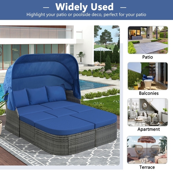 6Piece Outdoor Daybed Set with Retractable Canopy and Conversation Area