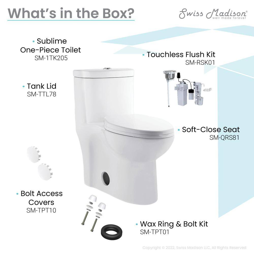 Swiss Madison Sublime 1-piece 1.11.6 GPF Touchless Retrofit Dual Flush Elongated Toilet in Glossy White Seat Included SM-1TK205