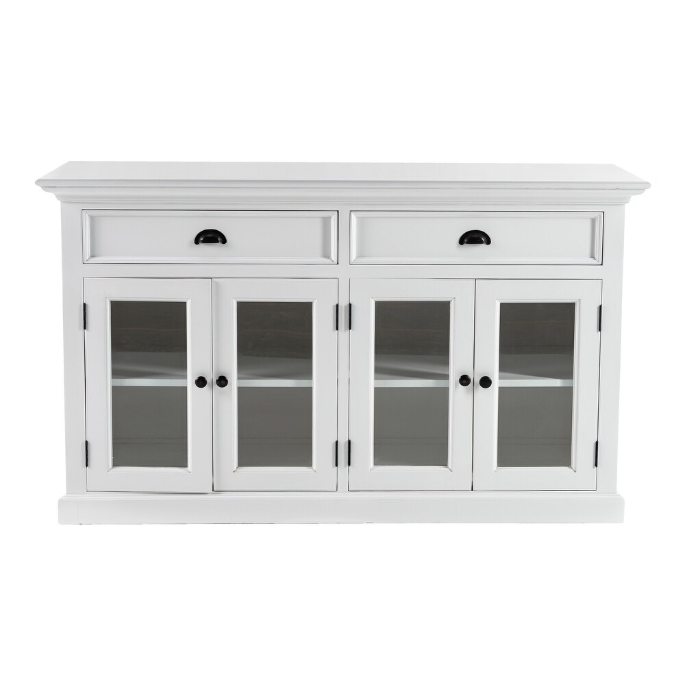 NovaSolo Halifax Coastal White Classic Buffet with Glass Doors  Solid Mahogany Frame  57.09 x 19.69 x 33.46