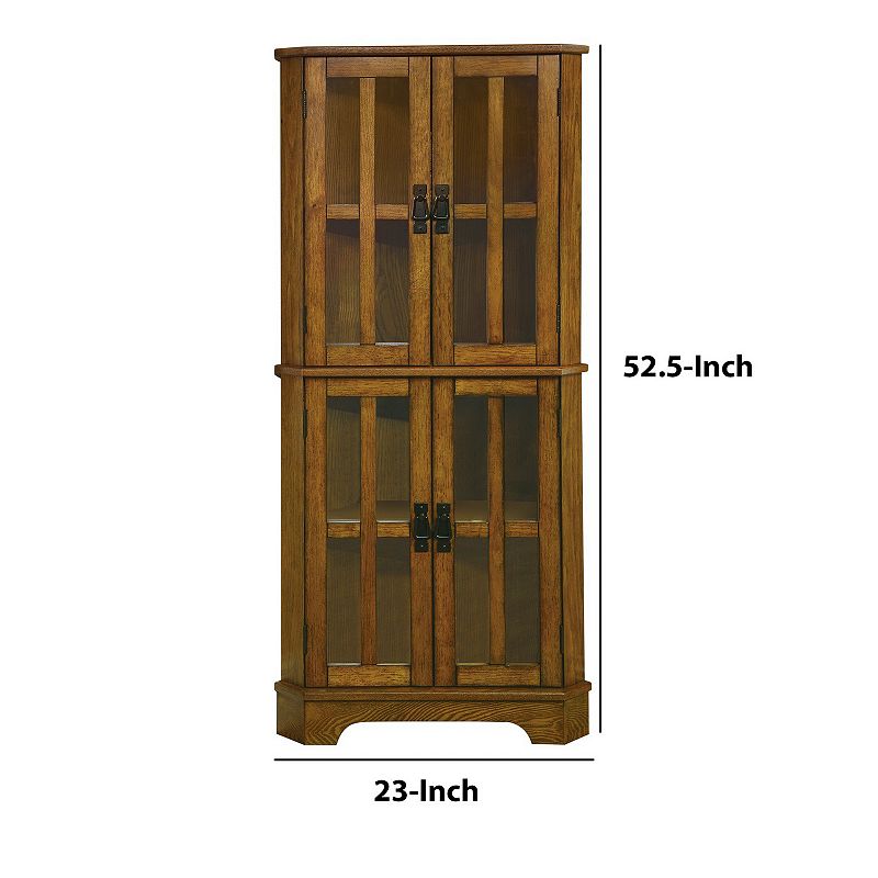 Corner Curio Cabinet With Windowpane Style Door Fronts， Brown