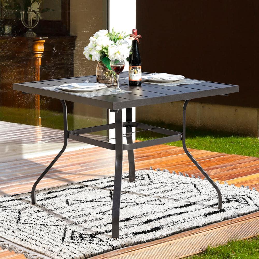 Nuu Garden Black Square Metal Outdoor Patio Dining Table with Umbrella Hole