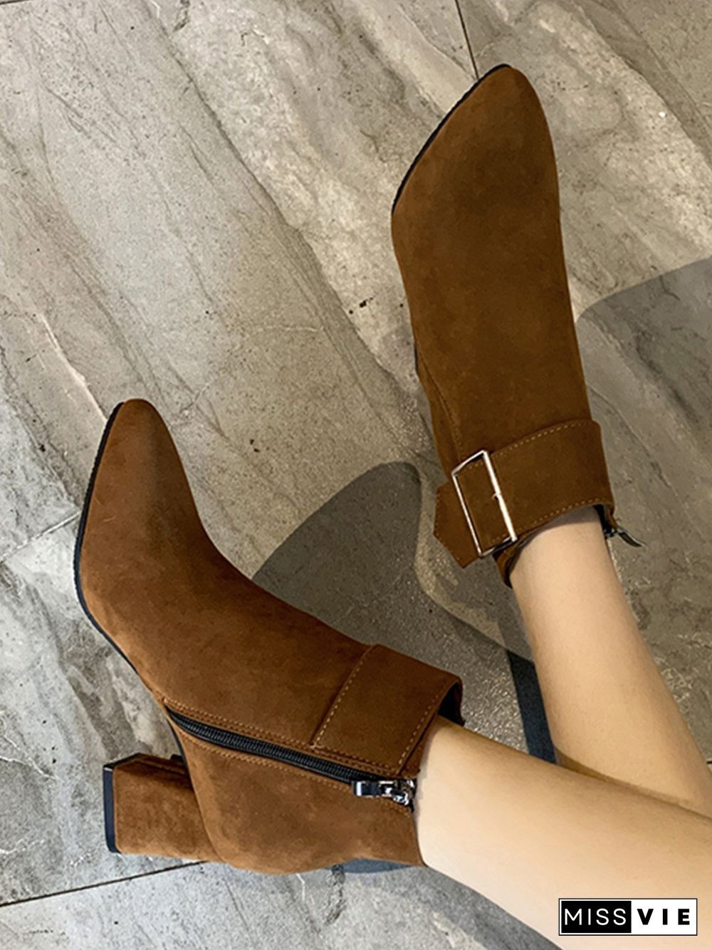 Chunky Heel Buckle Pointed-Toe Suede Martin Boots